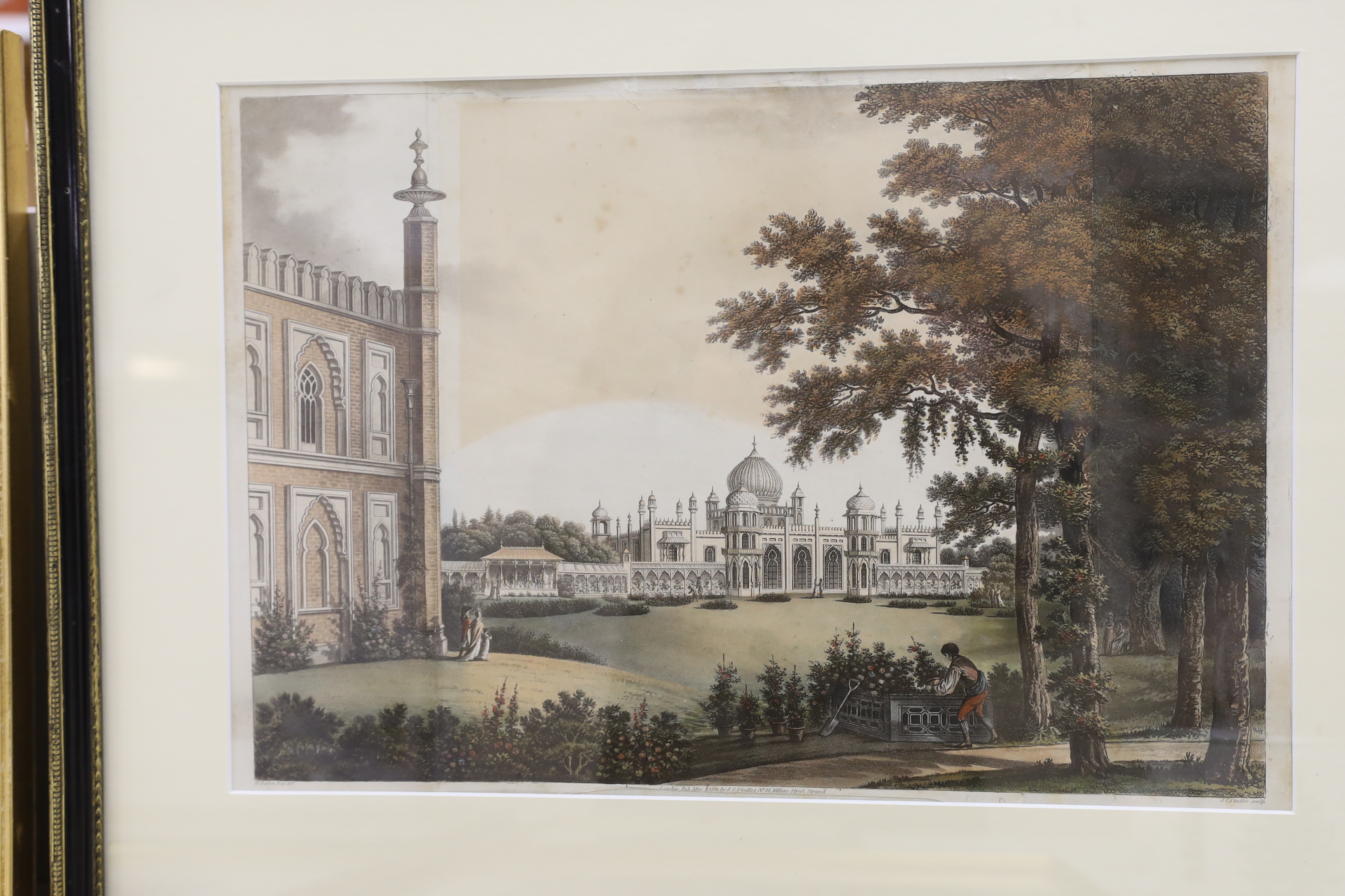 Eight 19th century engravings and prints of Brighton Pavilion and Old Steine, some hand coloured including A View of the Pavilion and Promenade, publ. 1849 by Mr Gavin Pocock, one after Humphry Repton, publ. 1808 by J C